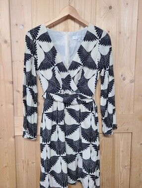 Trina Truck Black & Cream Wrap Dress with Bird Motif